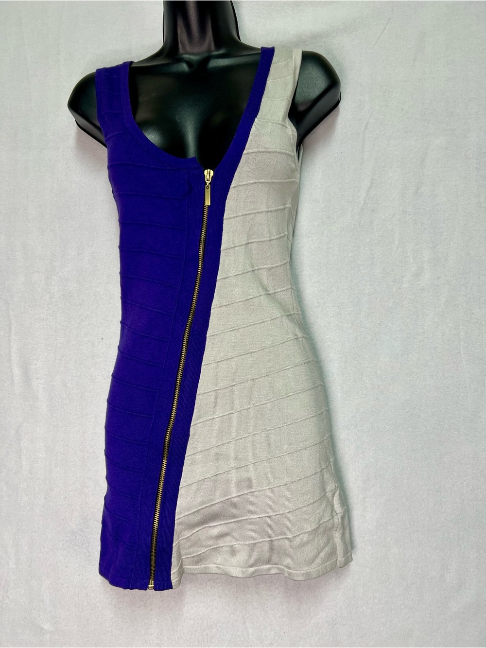2000s Colorblock Bodycon Dress Purple Cream Zip Up Clubwear Mini Med Going Out